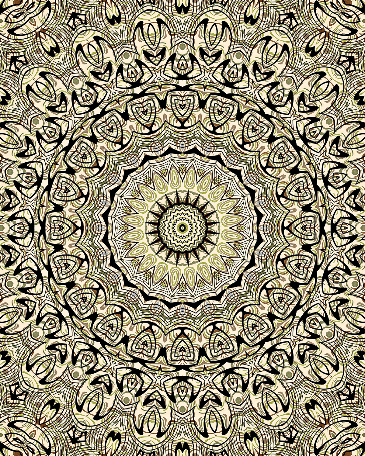 Mandala with a central sunburst of teardrop shapes, surrounded by interwoven hearts, stars, and organic motifs outlined in black, featuring layered symmetry in beige, olive, taupe, and soft brown tones for an earthy, kaleidoscopic design.