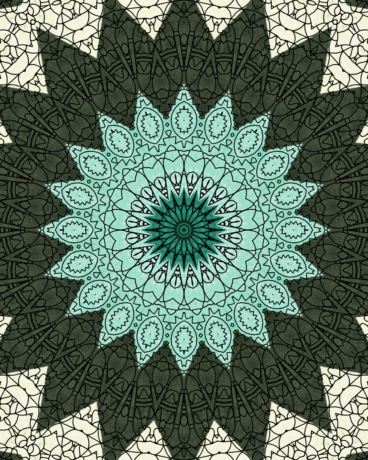 Mandala with a teal and turquoise starburst center, intricate black linework, and repeating petal-like geometric motifs in cool green, aqua, and deep forest tones arranged in symmetrical, layered rings.