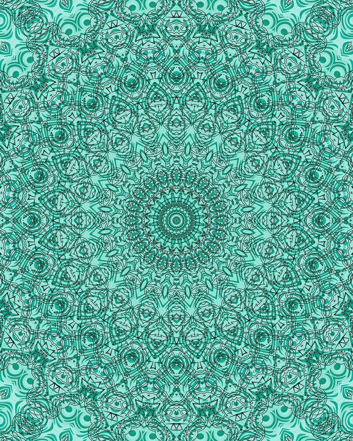 Turquoise mandala with intricate black linework, a detailed circular center, and repeating geometric motifs that form layered symmetrical rings with a cool aqua palette and rhythmic, meditative flow.