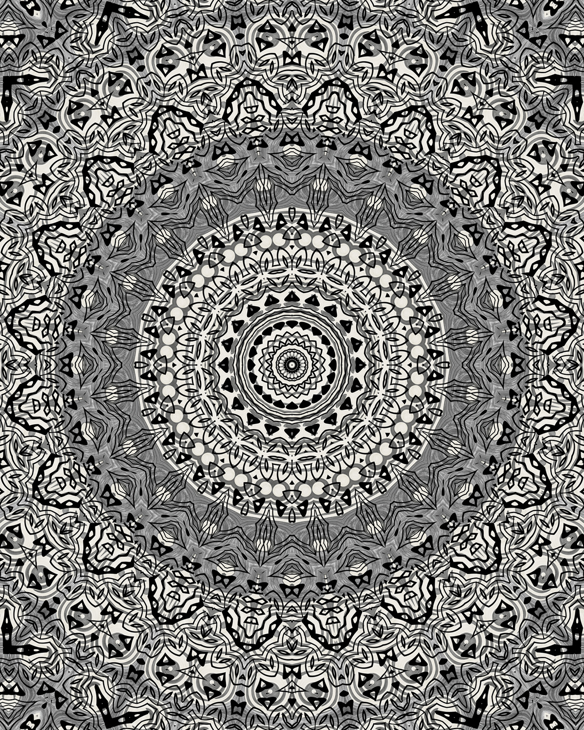 Monochrome mandala with bold black linework, grey and white shading, a central rosette, and repeating circles, triangles, and organic geometric motifs arranged in detailed symmetrical layers.