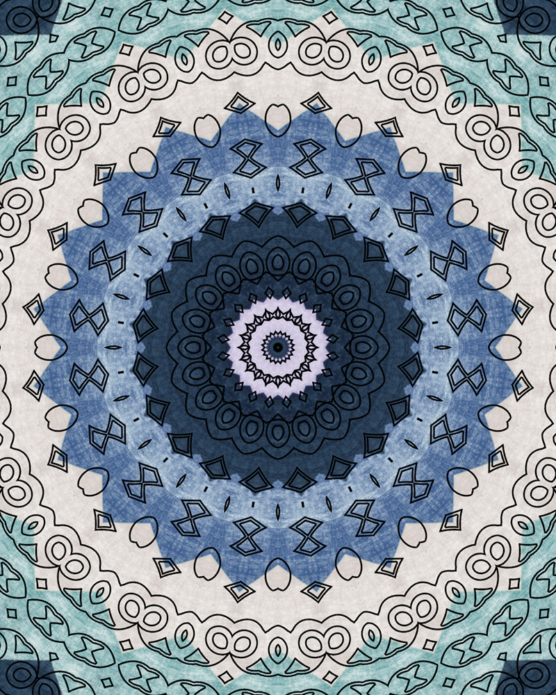 Mandala with blue, teal, and soft lavender tones, featuring a detailed circular center, concentric geometric rings, repeating petals, diamonds, and curved motifs outlined in fine linework for a cool, soothing, symmetrical design.