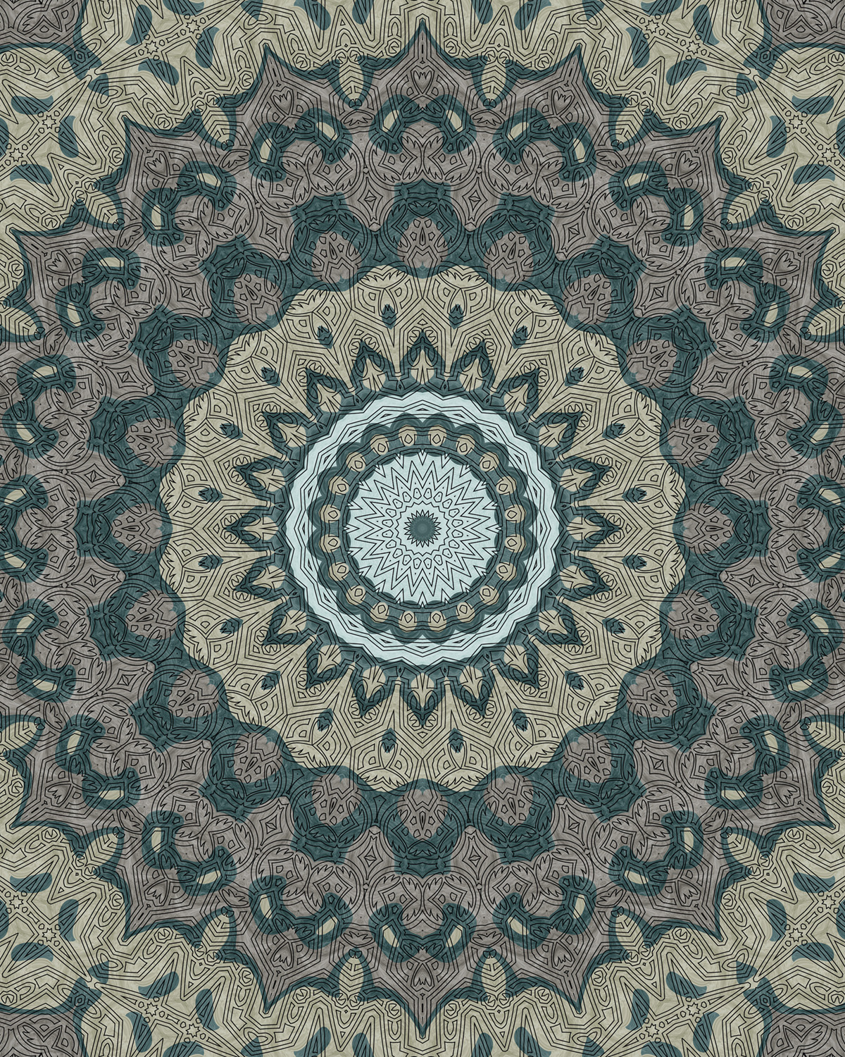 Mandala with beige, taupe, and muted teal layers, featuring a central starburst rosette, repeating geometric motifs, and detailed linework that creates an earthy, textured, symmetrical design.