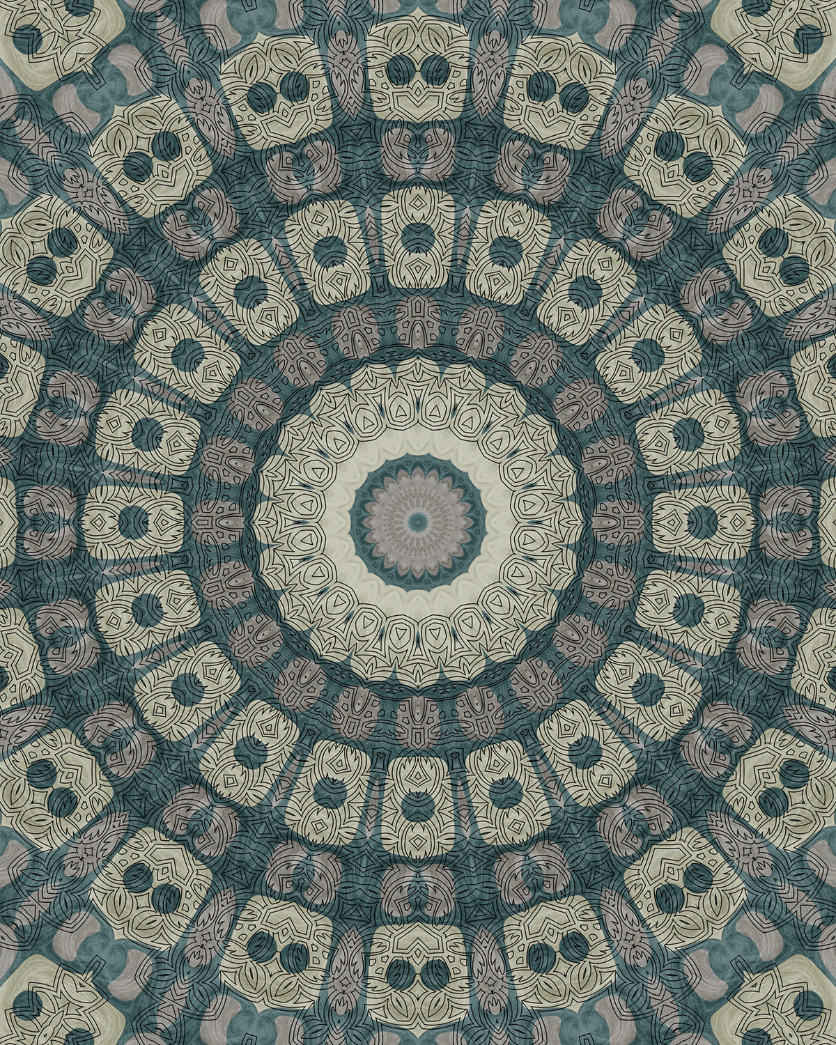 Mandala with sage green, taupe, beige, and muted teal layers, featuring a central rosette and repeating tribal-inspired, tile-like geometric motifs, arranged in symmetrical rings with fine linework for a tapestry-like, organic look.