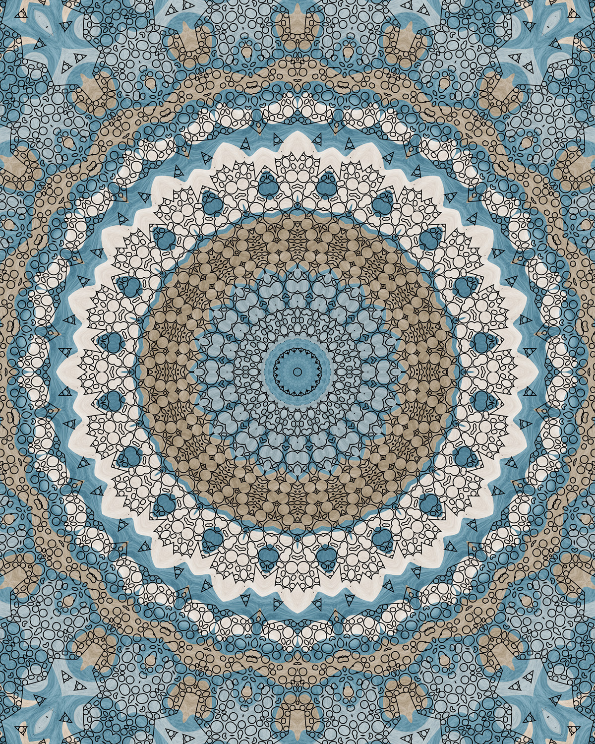 Mandala with soft blue, tan, and white layers, featuring a central rosette, repeating circles, triangles, and lace-like motifs outlined in fine black linework for a textured, harmonious look.