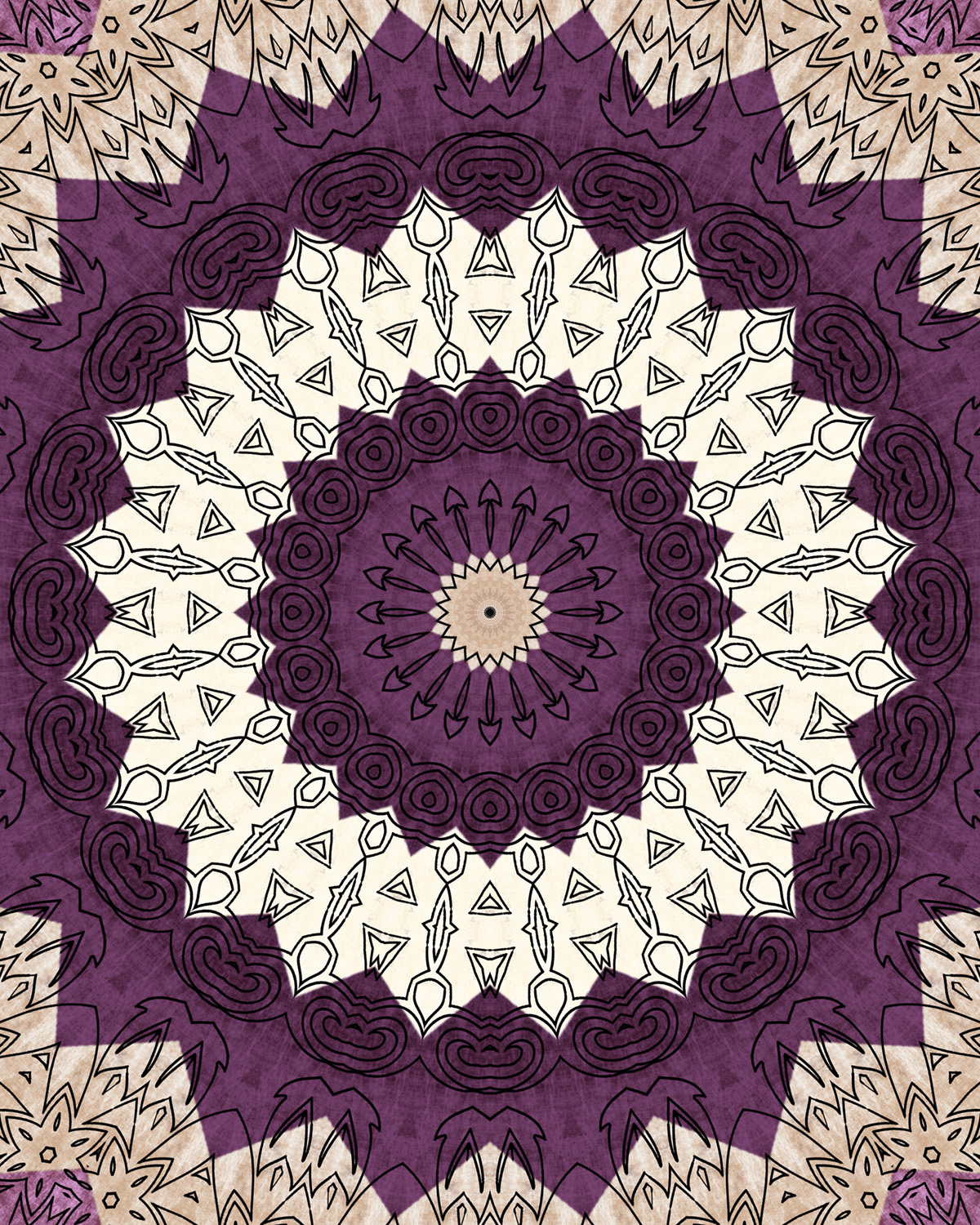 Mandala with deep plum, violet, and beige tones, bold concentric layers, repeating arrows, triangles, and organic motifs, highlighted by fine black linework for definition and texture.