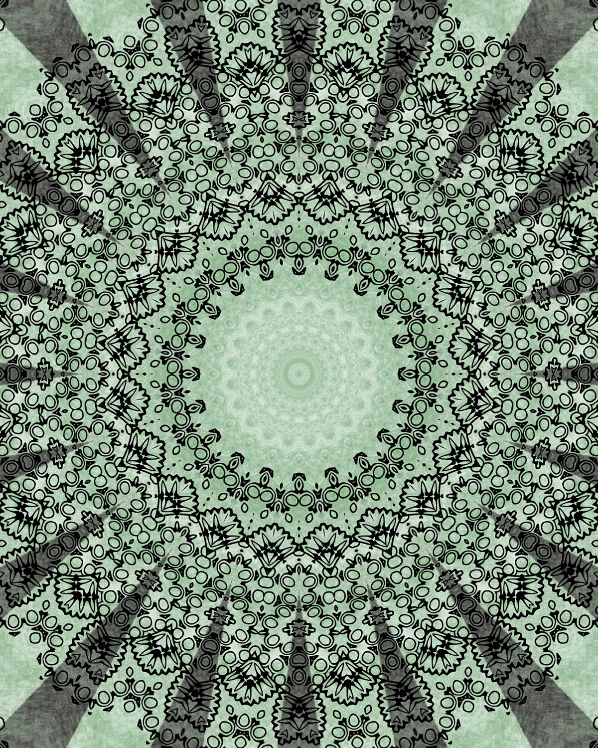 Mandala with layered sage green and charcoal tones, detailed black linework, concentric geometric and organic patterns, leaf-like shapes, delicate circles, and symmetrical motifs on a muted green background.