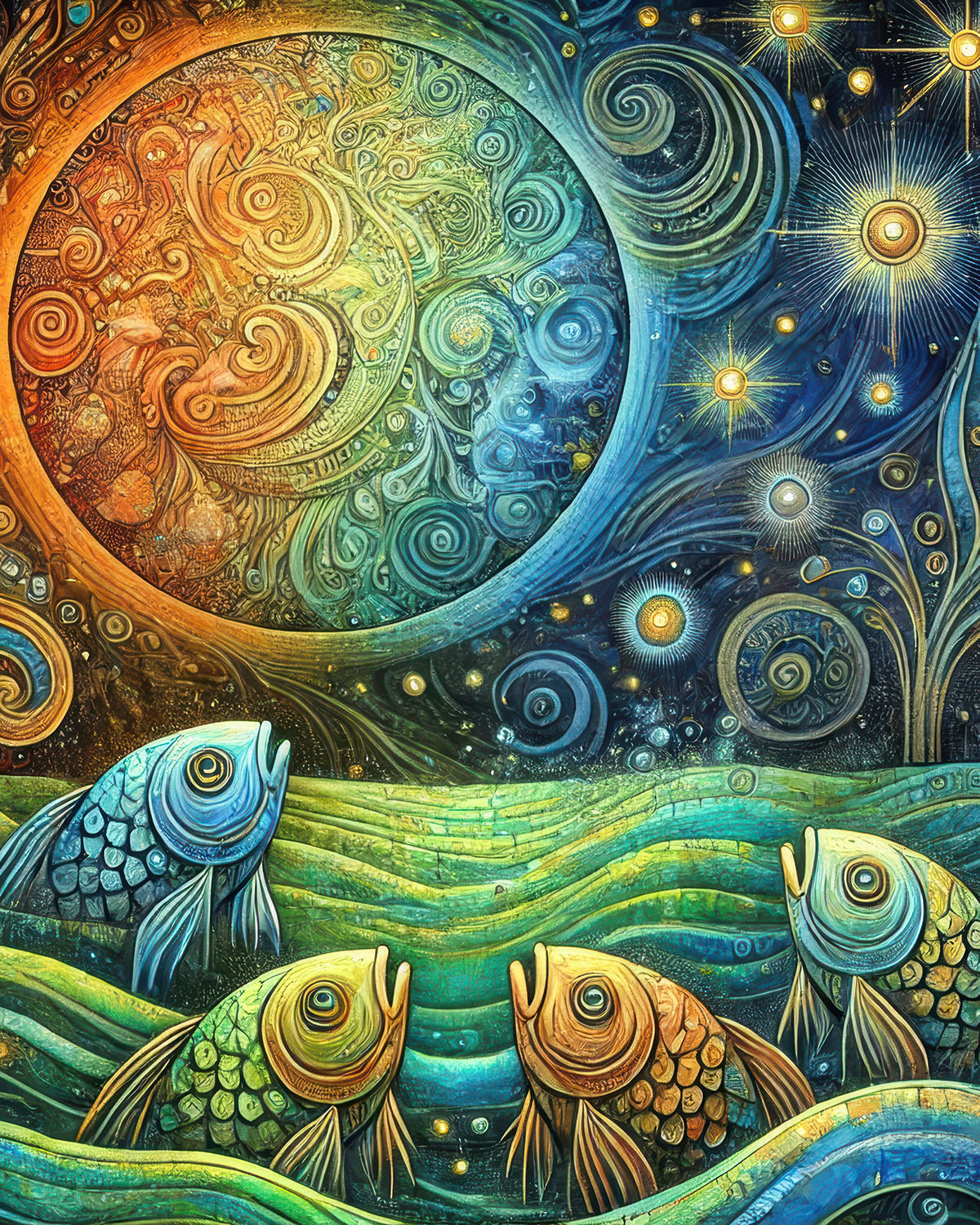 Celestial Serenade The Moon, the Stars, and the Watchful Fish