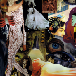 A surreal collage merges fragmented figures, dreamlike faces, and cryptic symbols into a vivid tapestry of imagination.