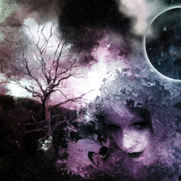 Under a dark eclipse, a spectral face emerges from swirling violet mist as a wolf’s cry echoes beside a barren tree in a scene titled The Howl.