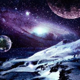 Beneath a glittering galaxy, icy mountains stretch across an alien landscape as distant planets hover in the star-streaked void.