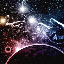 Celestial hands of light stretch across a star-drenched cosmos, illuminating a darkened planet beneath their radiant cosmic dance.