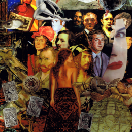 A bare-backed woman faces a surreal collage of famous painted portraits, tarot cards, butterflies, and fragmented objects, creating a dense tapestry of history, art, and mystery.