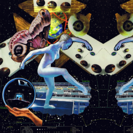 A luminous figure balances on a cosmic plane surrounded by eyes, constellations, and a giant moth, while a hand presents a reflective sphere that mirrors the infinite void.