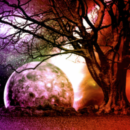 A gnarled tree stands silhouetted against a glowing cosmic sky where a vast, textured planet rises in radiant hues of violet, crimson, and gold.