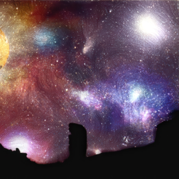 A dark desert silhouette rises beneath a vast, shimmering cosmos painted in swirling hues of violet, gold, and indigo starlight.