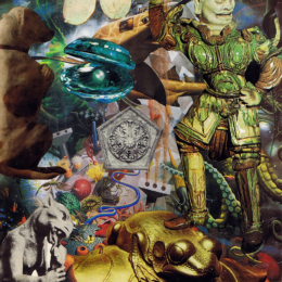 A surreal collage unites a stone gargoyle, a green-armored figure, a pearl within a jewel-toned shell, and a dog amid seas of coral, gold, and tentacled machinery.