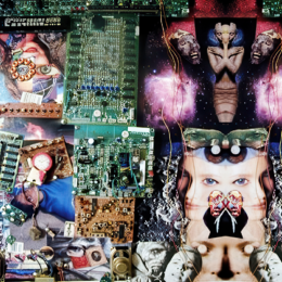 A chaotic fusion of circuit boards, cosmic figures, fragmented faces, and surreal eyes forms a mesmerizing collage of technology, myth, and dreamlike distortion.