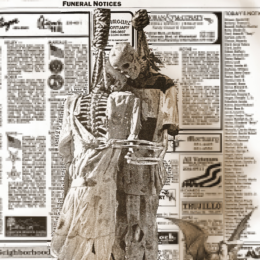 Against a backdrop of blurred funeral notices, two bound skeletons hang in an eerie embrace, merging death, ritual, and memory into a stark tableau.