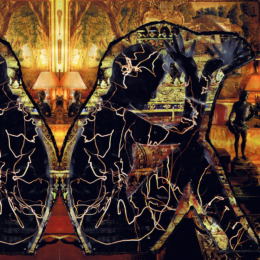 Glowing, vein-like silhouettes kneel in mirrored poses against a richly ornate golden interior, their hands raised as if in prayer or anguish within a surreal, electrified shrine.