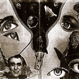 A giant zipper splits open a surreal tapestry of watchful eyes, disembodied faces, and symbolic objects, revealing a dark void where a lone rose and planetary forms float.