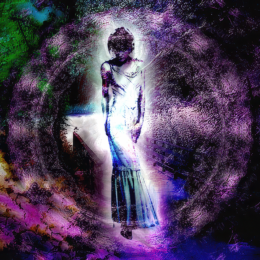 A spectral figure in a long gown glows with radiant light, encircled by swirling violet and indigo textures that merge dreamlike energy with haunting shadow.