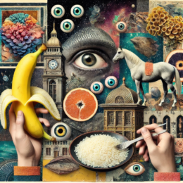 A surreal collage blends disembodied eyes, fruit, a white horse, ornate buildings, cosmic backdrops, and hands holding rice and a banana into a dreamlike feast of bizarre juxtapositions.