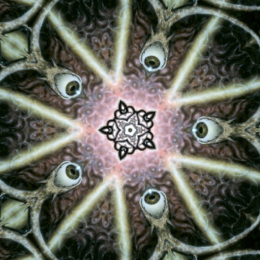 A kaleidoscopic mandala radiates outward with branching forms that resemble watchful eyes on tendrils, converging around a glowing, intricate star-like center.