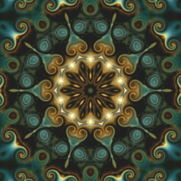 A glowing mandala radiates golden light from its floral core, surrounded by swirling teal and amber patterns that spiral into hypnotic symmetry.