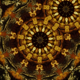 Golden mandalas ripple outward in fiery, swirling patterns, their radiant cores encircled by petal-like flames that weave into an ornate tapestry of light and shadow.