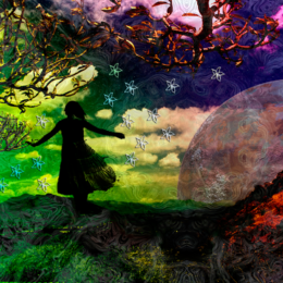 A silhouetted figure dances beneath twisting branches and glowing stars, framed by swirling skies of green and violet with a vast planet looming on the horizon.